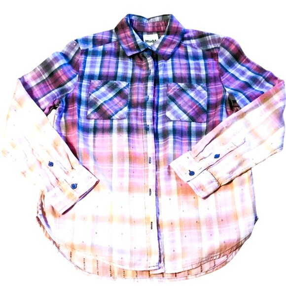 Girl's Bleached Painted Shirt, Size 14: Upcycled Inspirational Purple Plaid Top - Picture 8 of 9